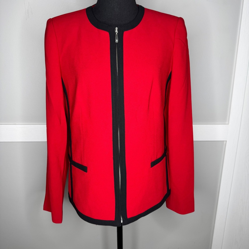 Red‎ Full Zip Blazer Black Contrast Trim Collarless Jacket XL